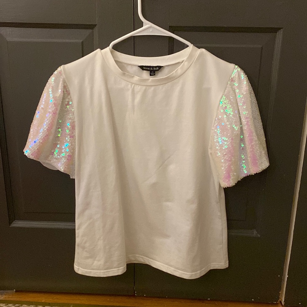 White shirt with sequin sleeves